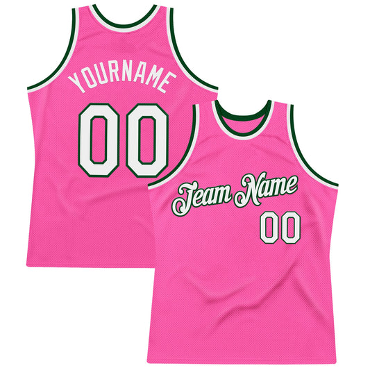 Custom Pink White-Green Authentic Throwback Basketball Jersey - Main View