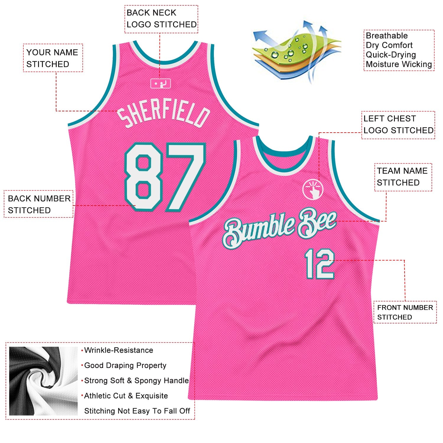 Custom Pink White-Teal Authentic Throwback Basketball Jersey view 2