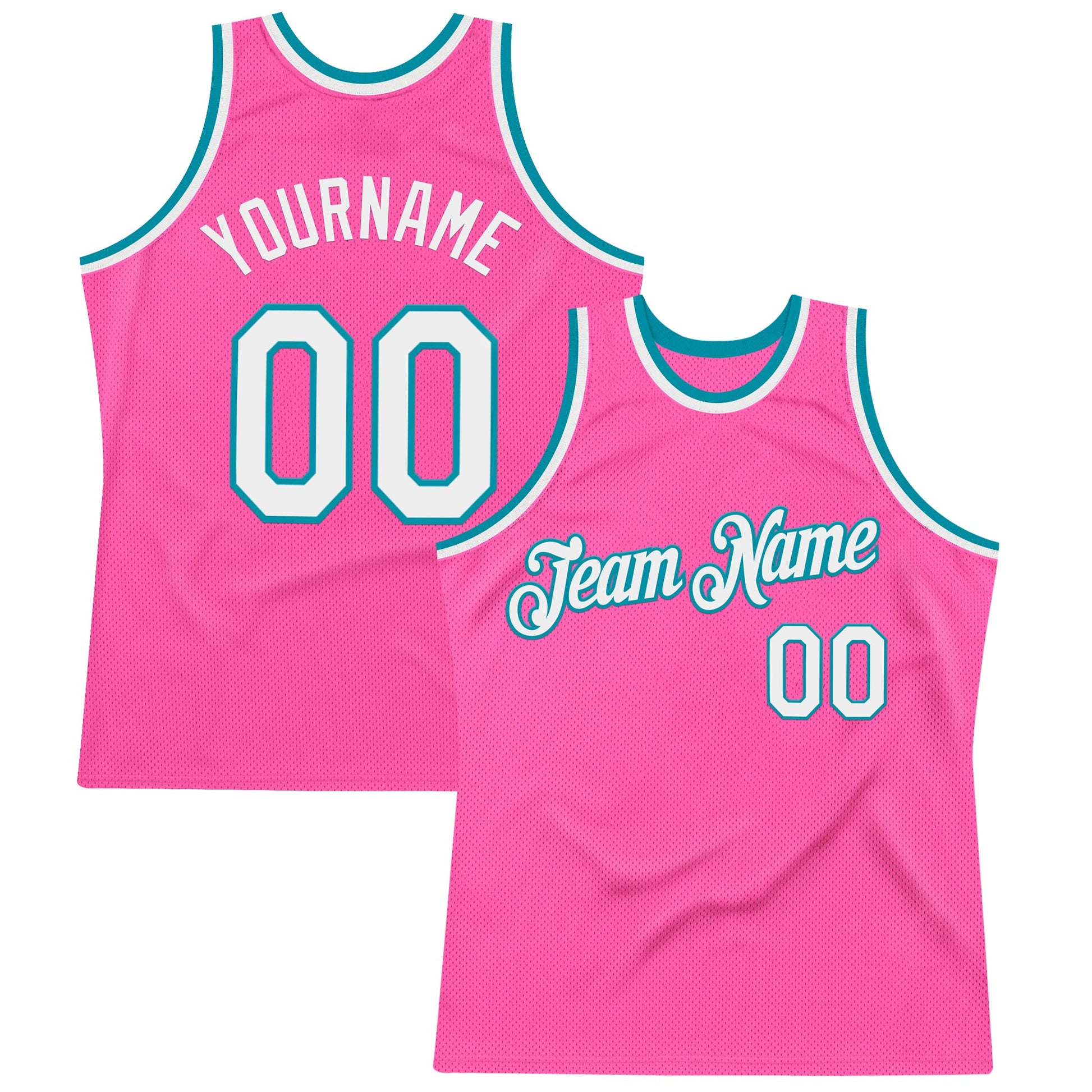 Custom Pink White-Teal Authentic Throwback Basketball Jersey - Main View