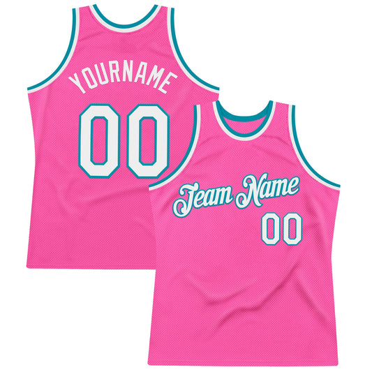 Custom Pink White-Teal Authentic Throwback Basketball Jersey - Main View