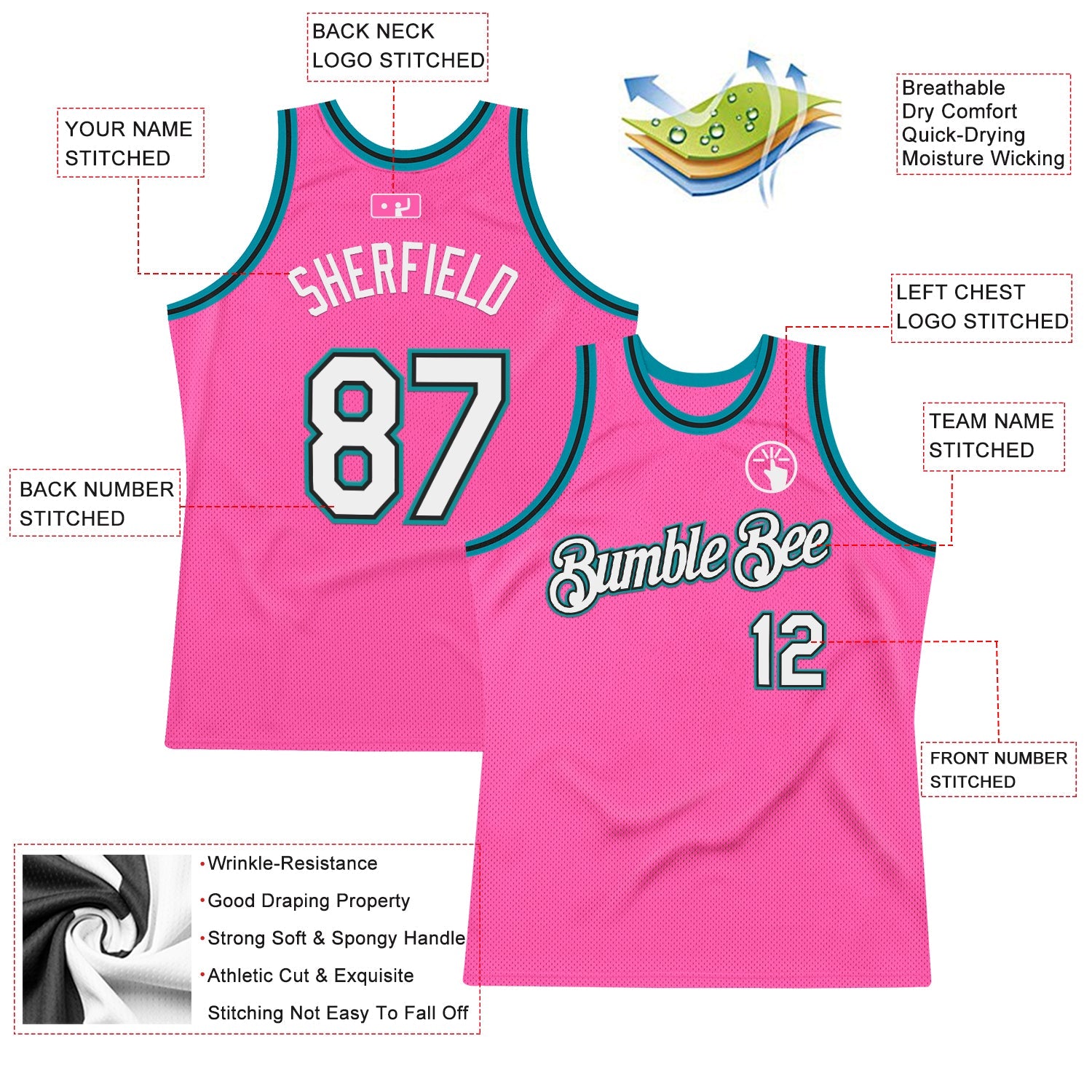Custom Pink Black-Teal Authentic Throwback Basketball Jersey view 2