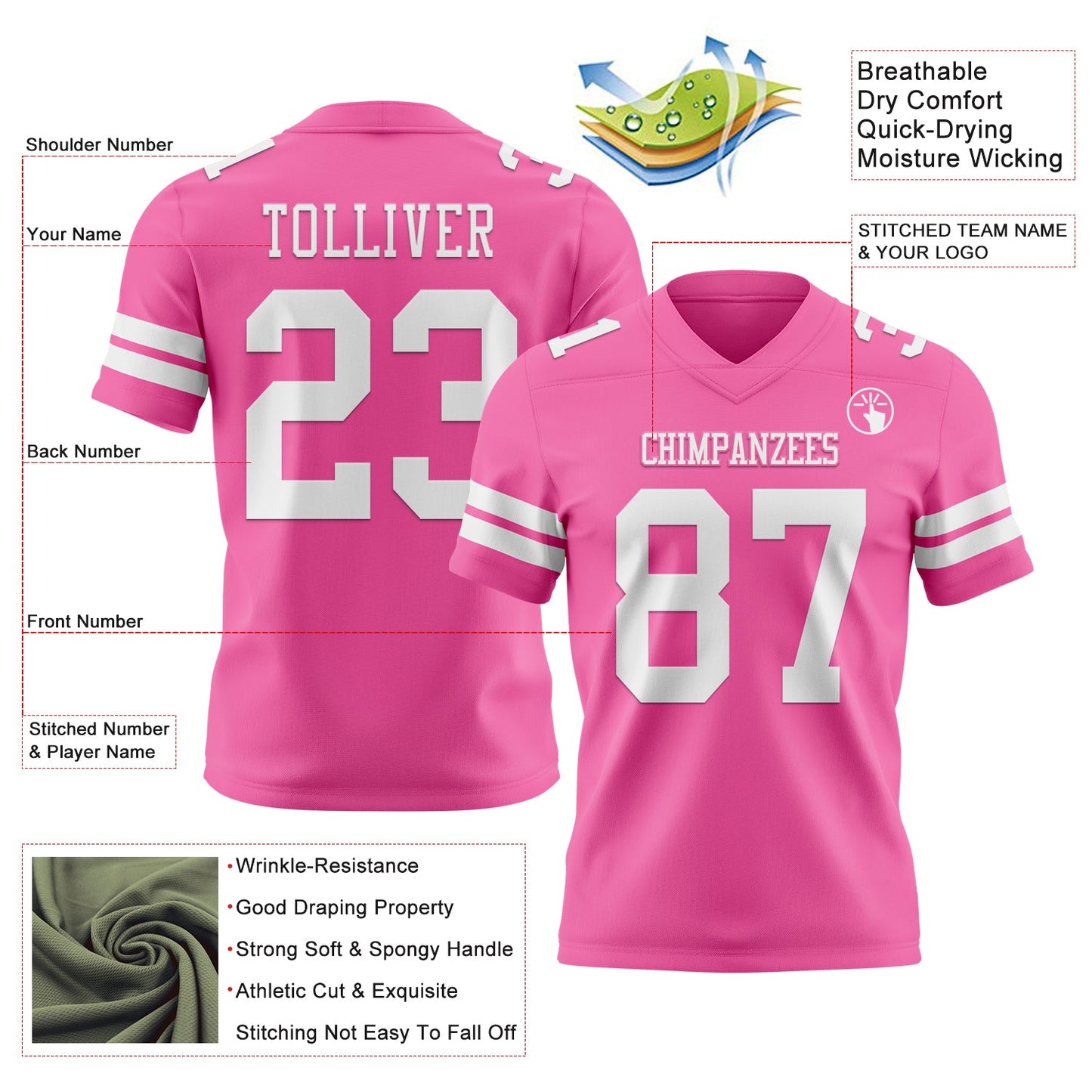 Custom Pink White Authentic Football Jersey view 3
