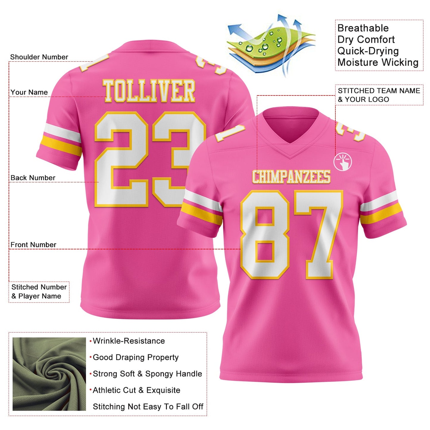 Custom Pink White-Yellow Authentic Football Jersey view 3