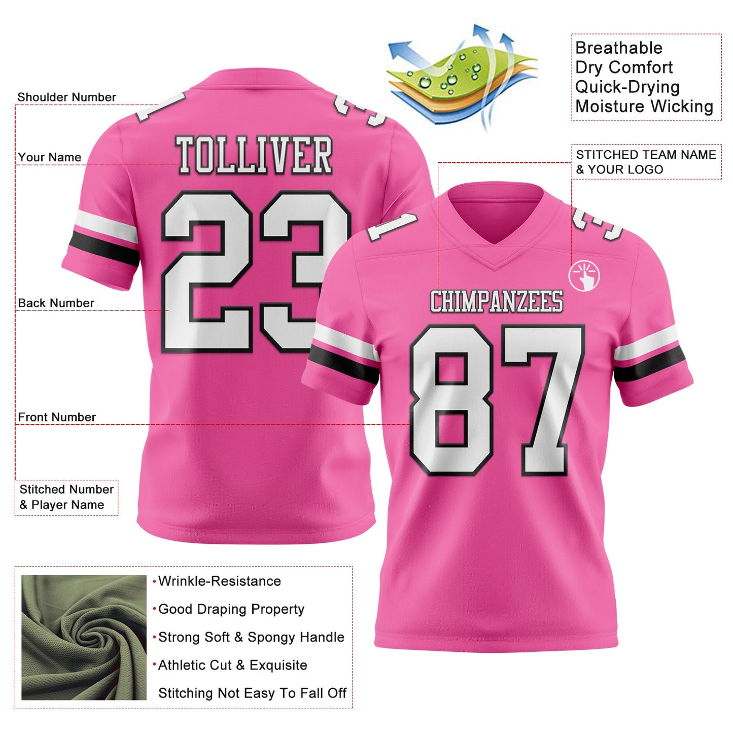 Custom Pink White-Black Authentic Football Jersey view 3