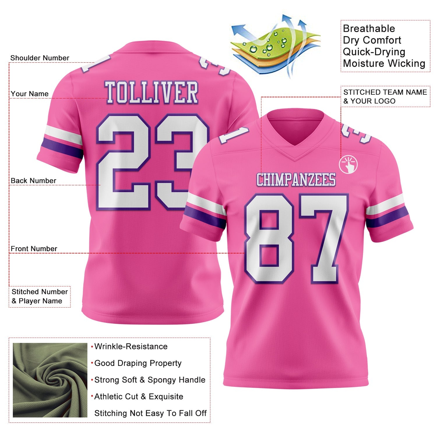 Custom Pink White-Purple Authentic Football Jersey view 3