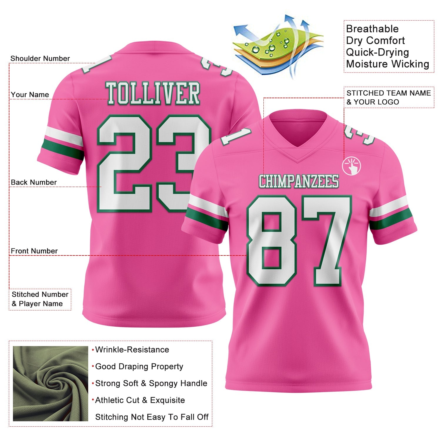Custom Pink White-Kelly Green Authentic Football Jersey view 3