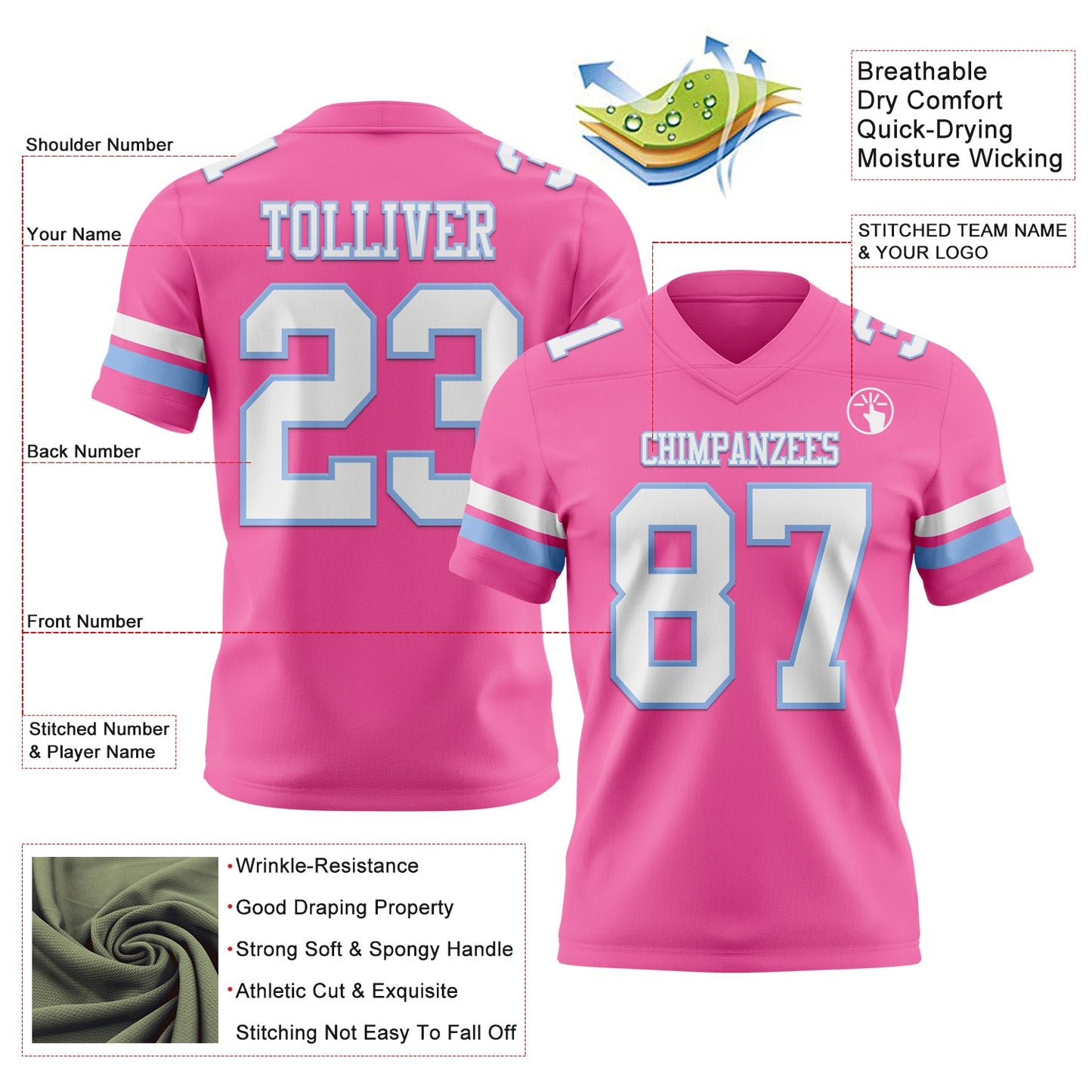 Custom Pink White-Light Blue Authentic Football Jersey view 3