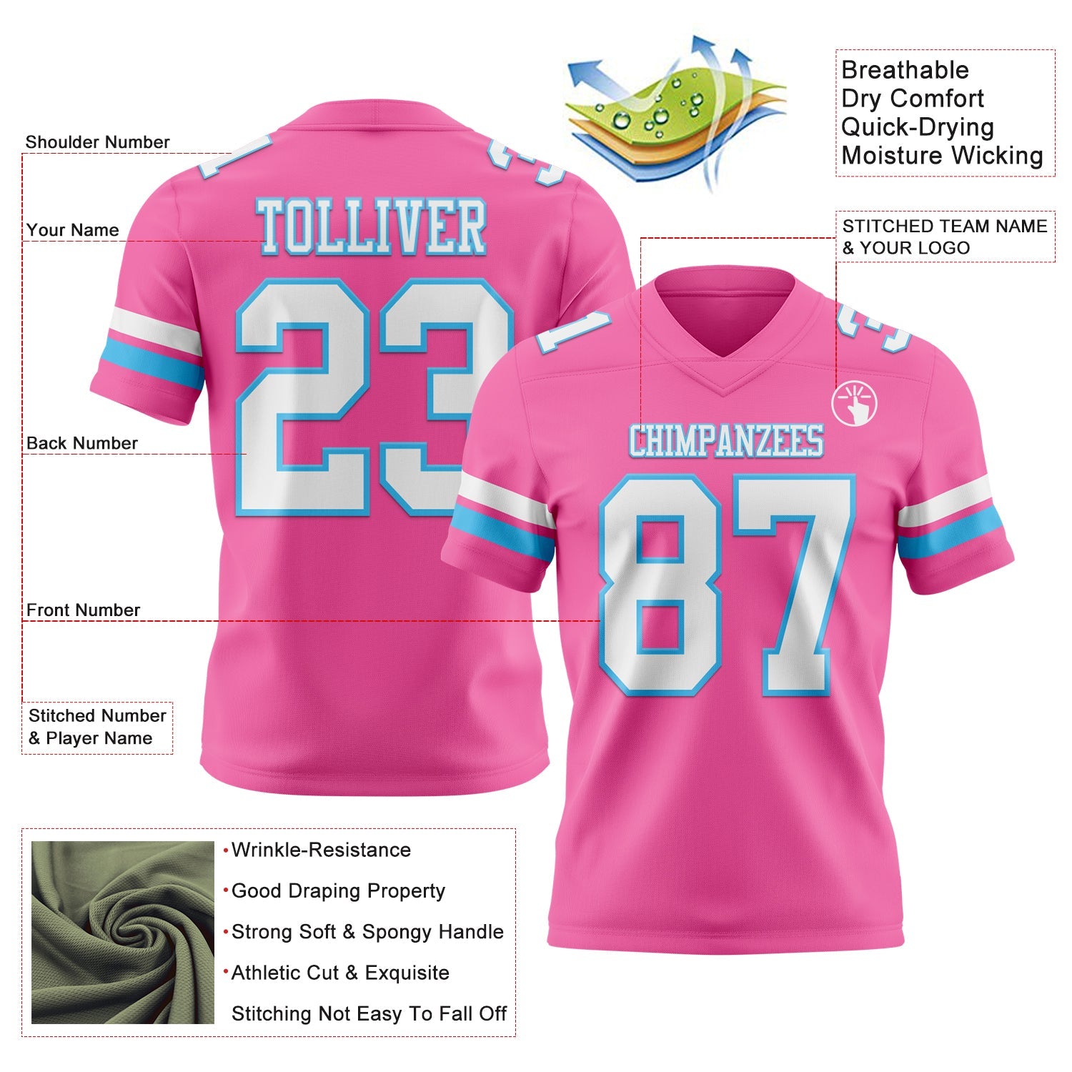 Custom Pink White-Sky Blue Authentic Football Jersey view 3