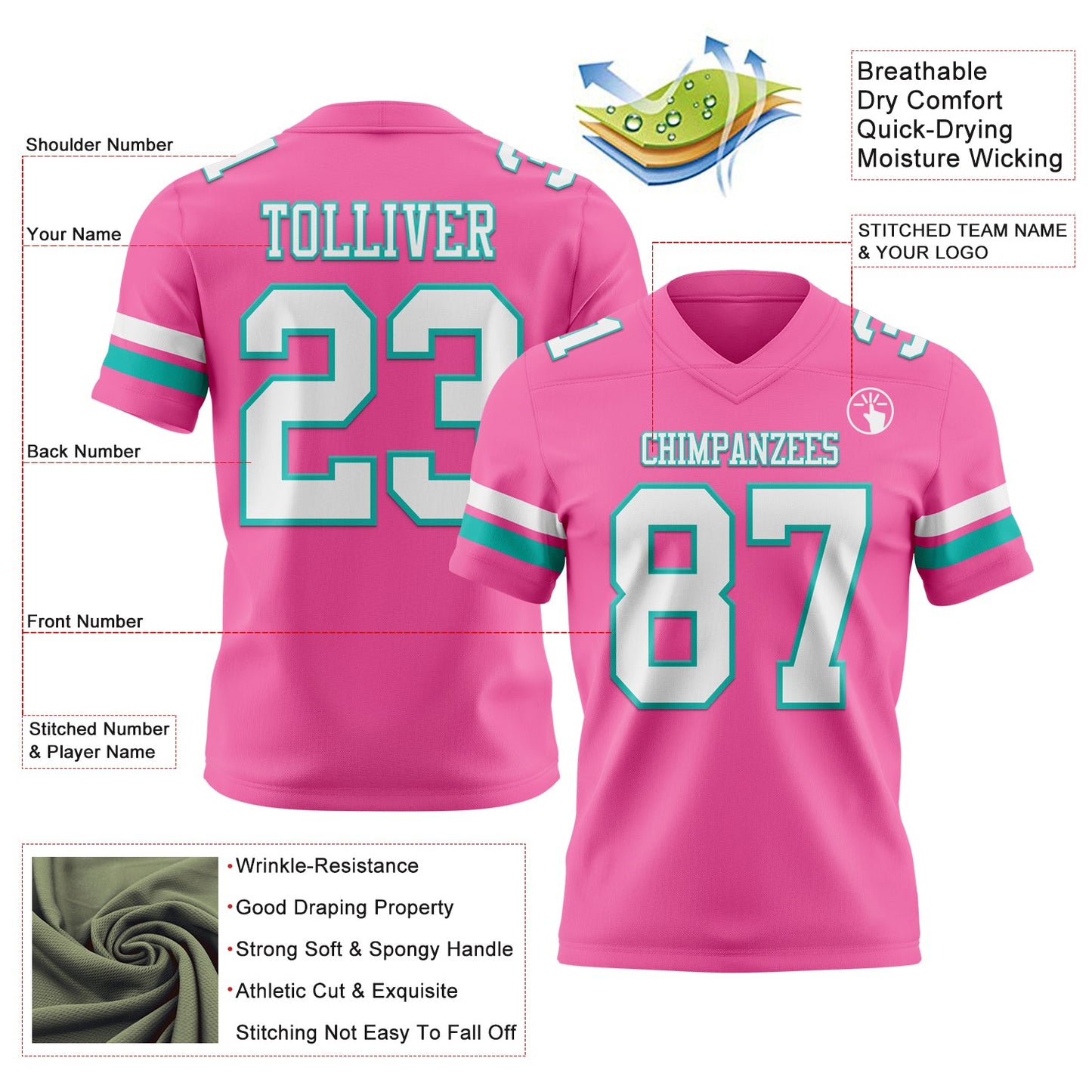 Custom Pink White-Aqua Authentic Football Jersey view 3