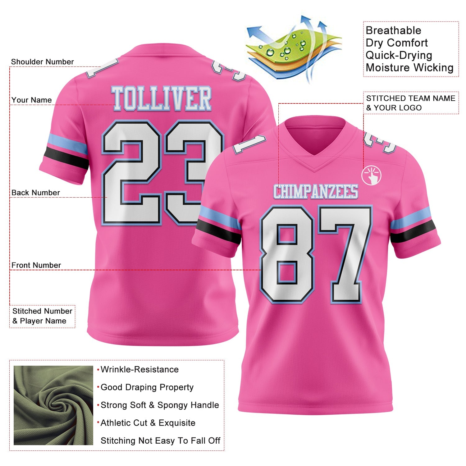 Custom Pink White Black-Light Blue Authentic Football Jersey view 3