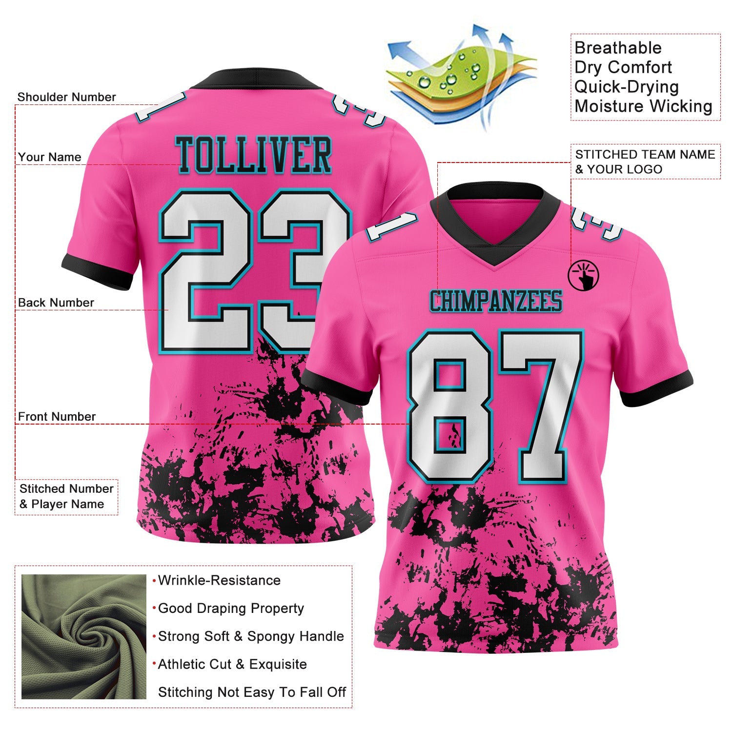 Custom Pink White Black-Lakes Blue 3D Pattern Splash Authentic Football Jersey view 3