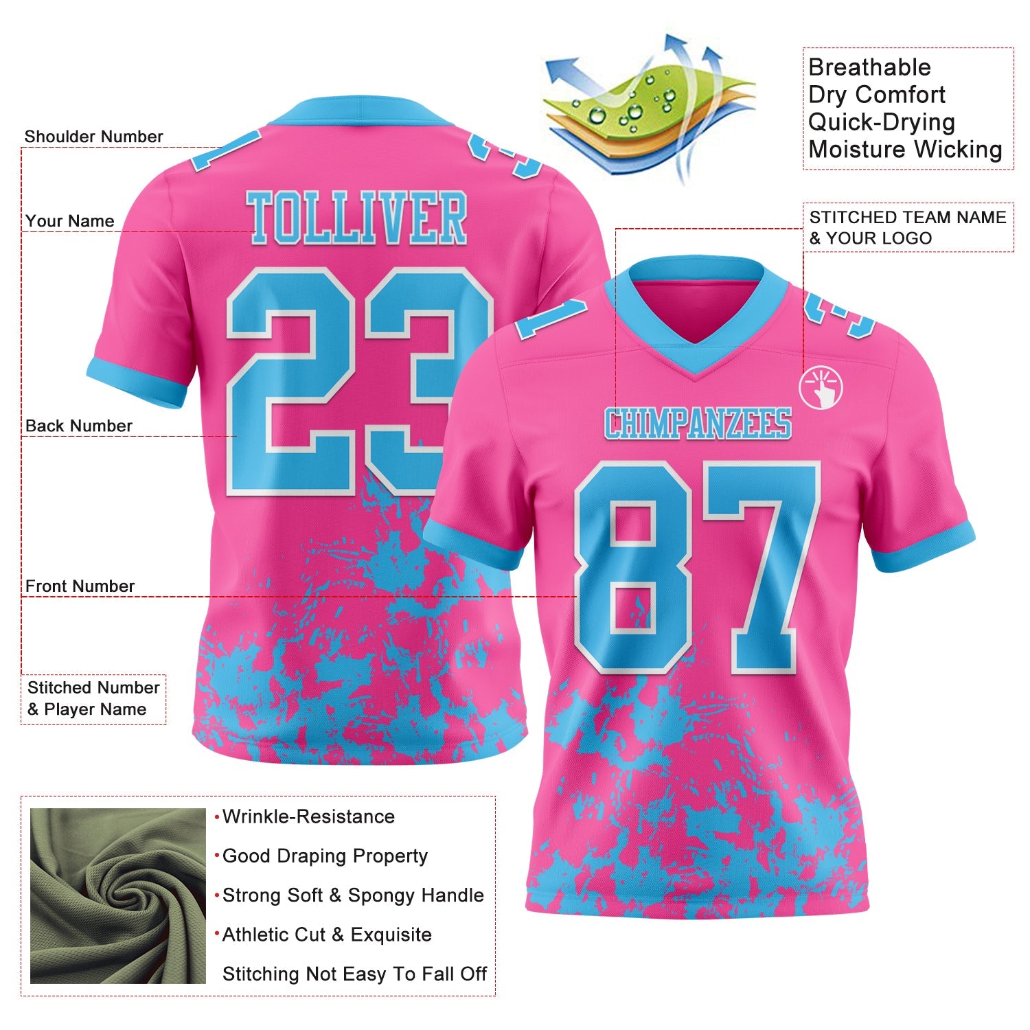 Custom Pink Sky Blue-White 3D Pattern Splash Authentic Football Jersey view 3