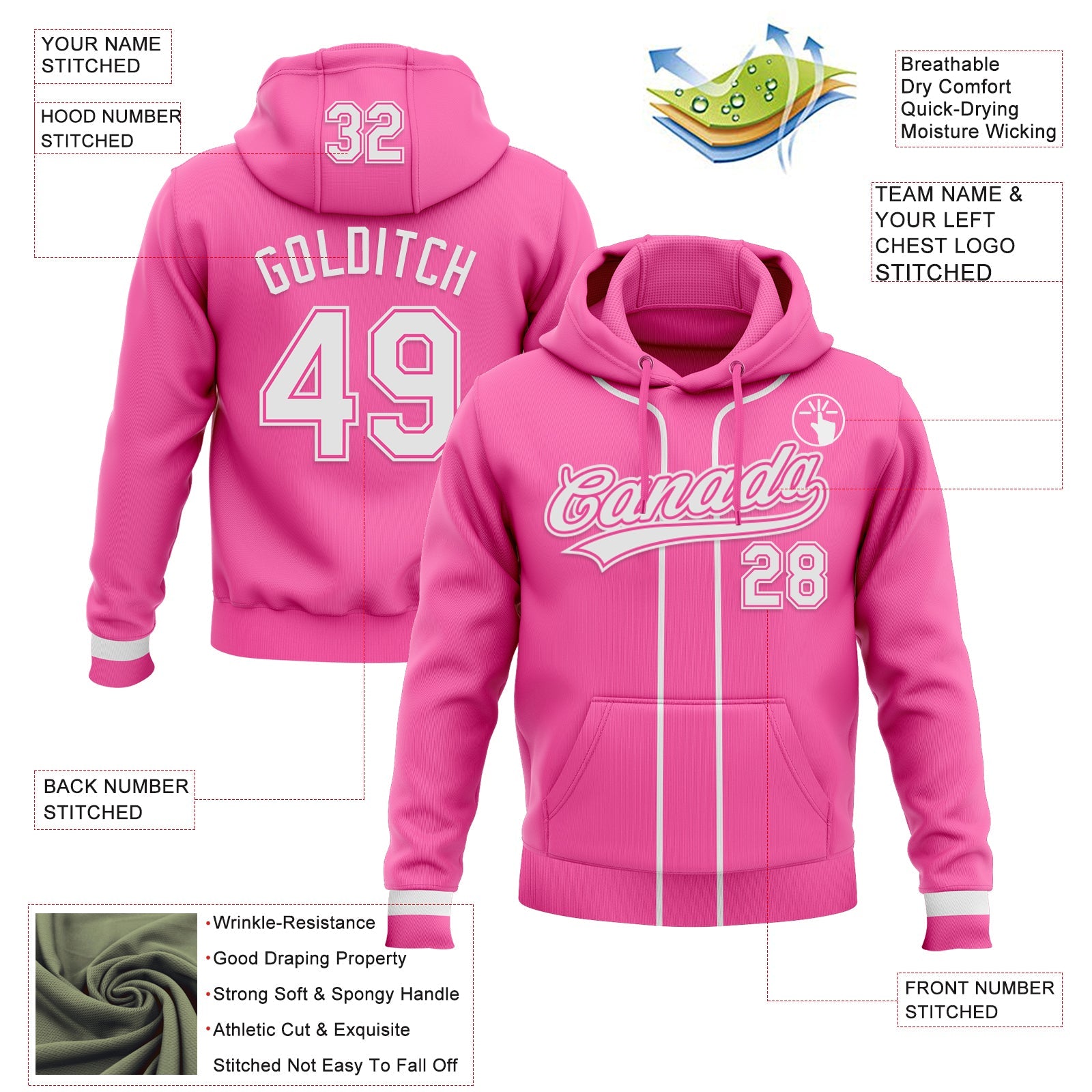 Custom Stitched Pink White-Pink Baseball Pullover Sweatshirt Hoodie view 2