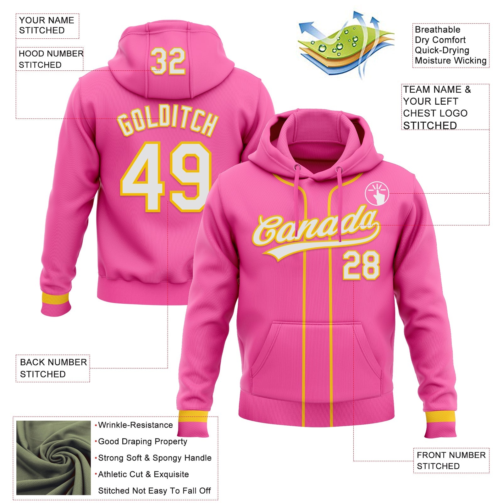 Custom Stitched Pink White-Yellow Baseball Pullover Sweatshirt Hoodie view 2