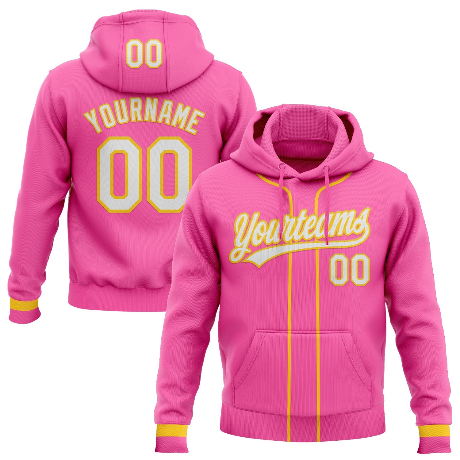 Custom Stitched Pink White-Yellow Baseball Pullover Sweatshirt Hoodie - Main View