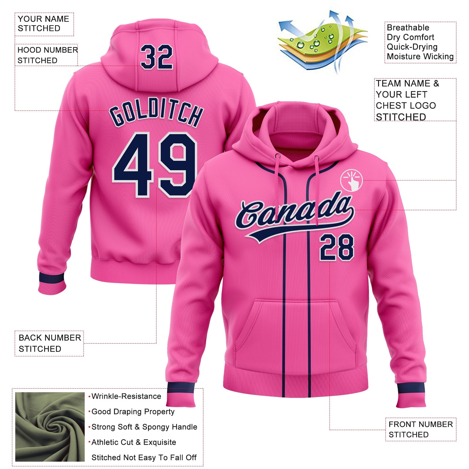 Custom Stitched Pink Navy-White Baseball Pullover Sweatshirt Hoodie view 2