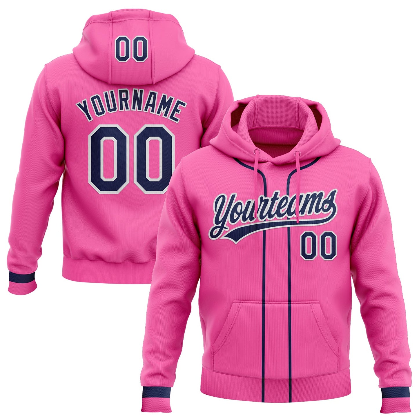 Custom Stitched Pink Navy-White Baseball Pullover Sweatshirt Hoodie - Main View
