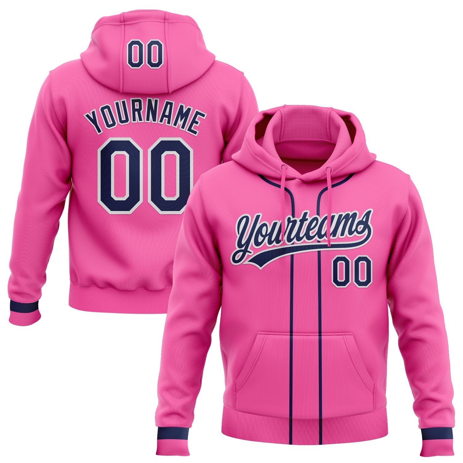 Custom Stitched Pink Navy-White Baseball Pullover Sweatshirt Hoodie - Main View