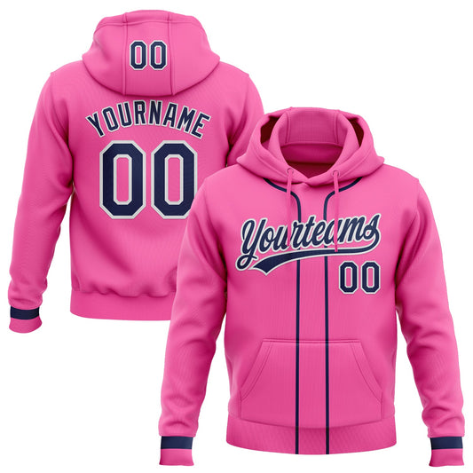 Custom Stitched Pink Navy-White Baseball Pullover Sweatshirt Hoodie - Main View