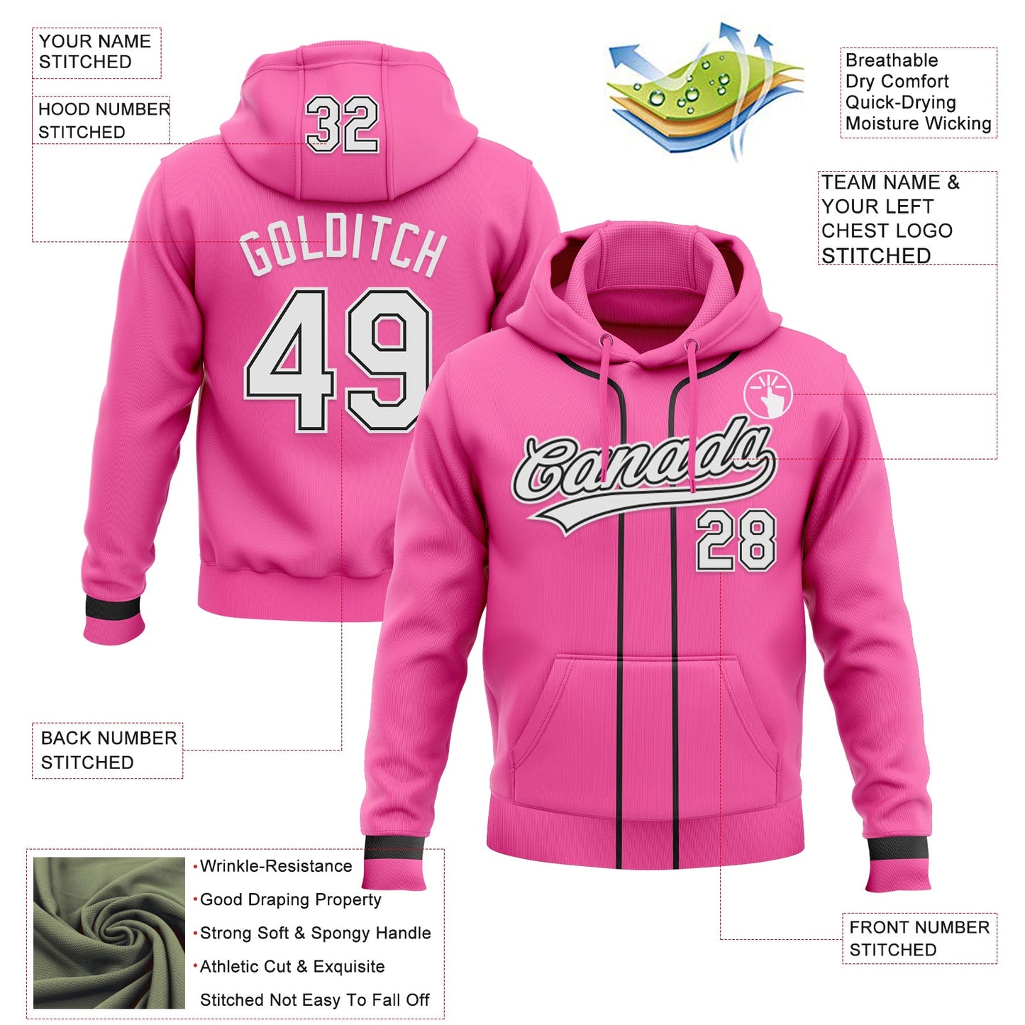 Custom Stitched Pink White-Black Baseball Pullover Sweatshirt Hoodie view 2