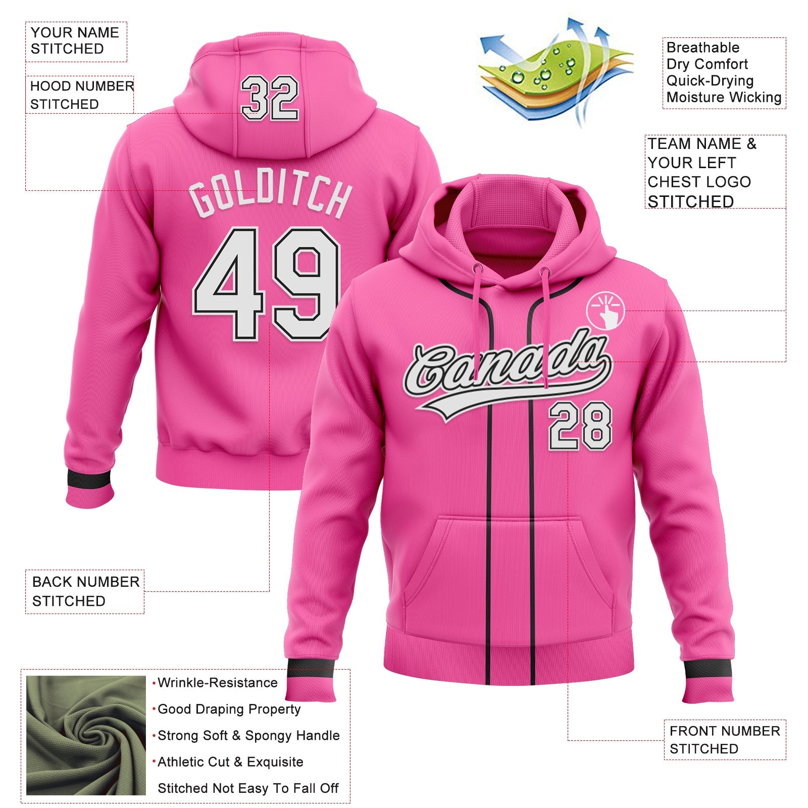Custom Stitched Pink White-Black Baseball Pullover Sweatshirt Hoodie view 2