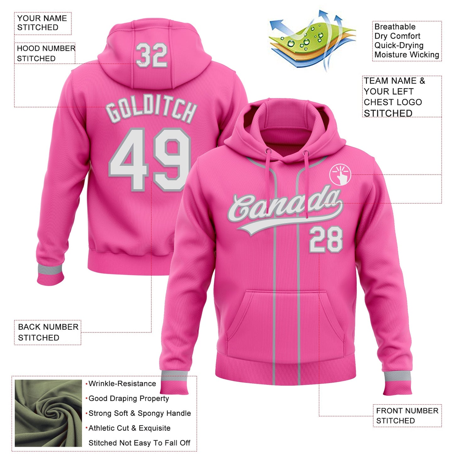 Custom Stitched Pink White-Gray Baseball Pullover Sweatshirt Hoodie view 2