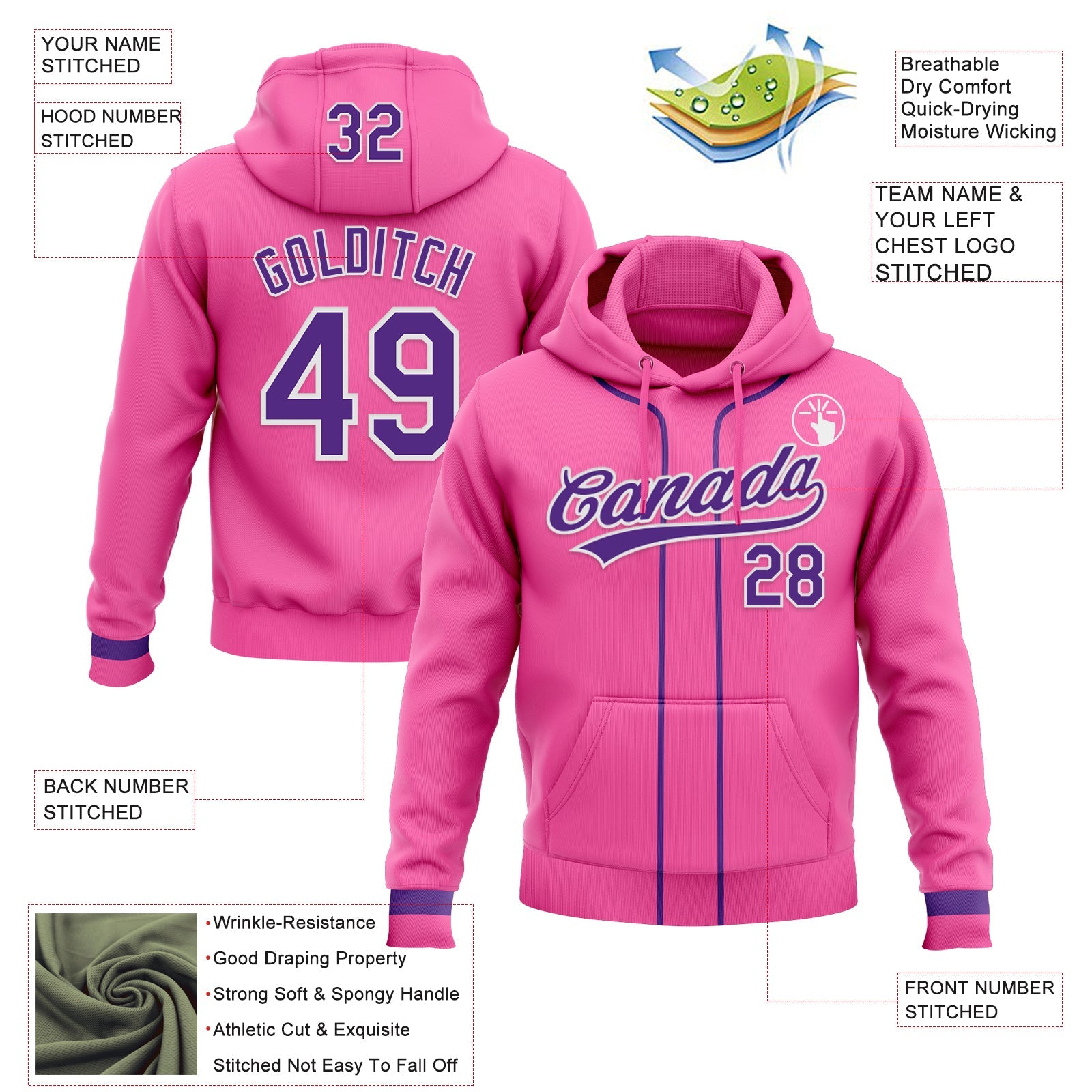 Custom Stitched Pink Purple-White Baseball Pullover Sweatshirt Hoodie view 2