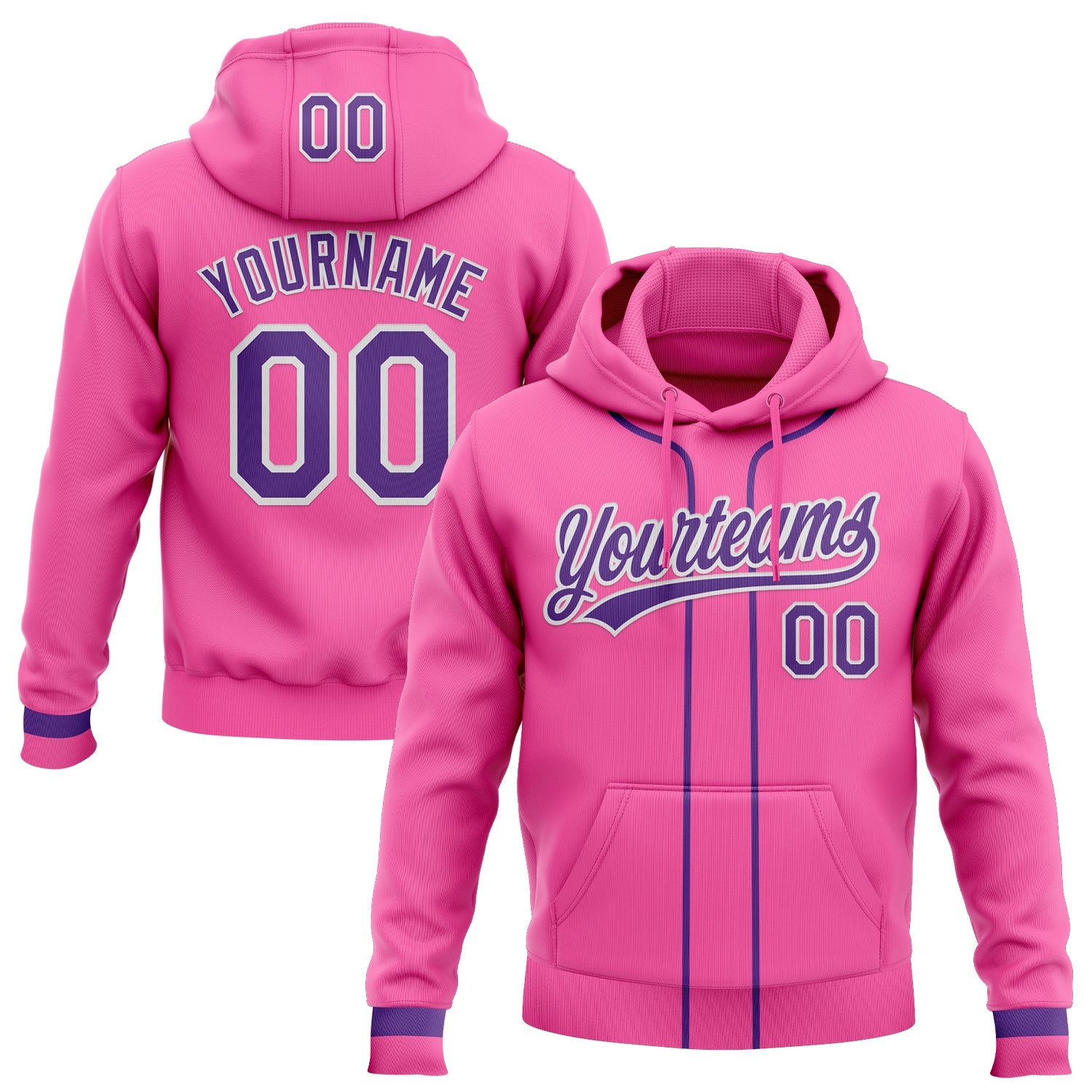 Custom Stitched Pink Purple-White Baseball Pullover Sweatshirt Hoodie - Main View
