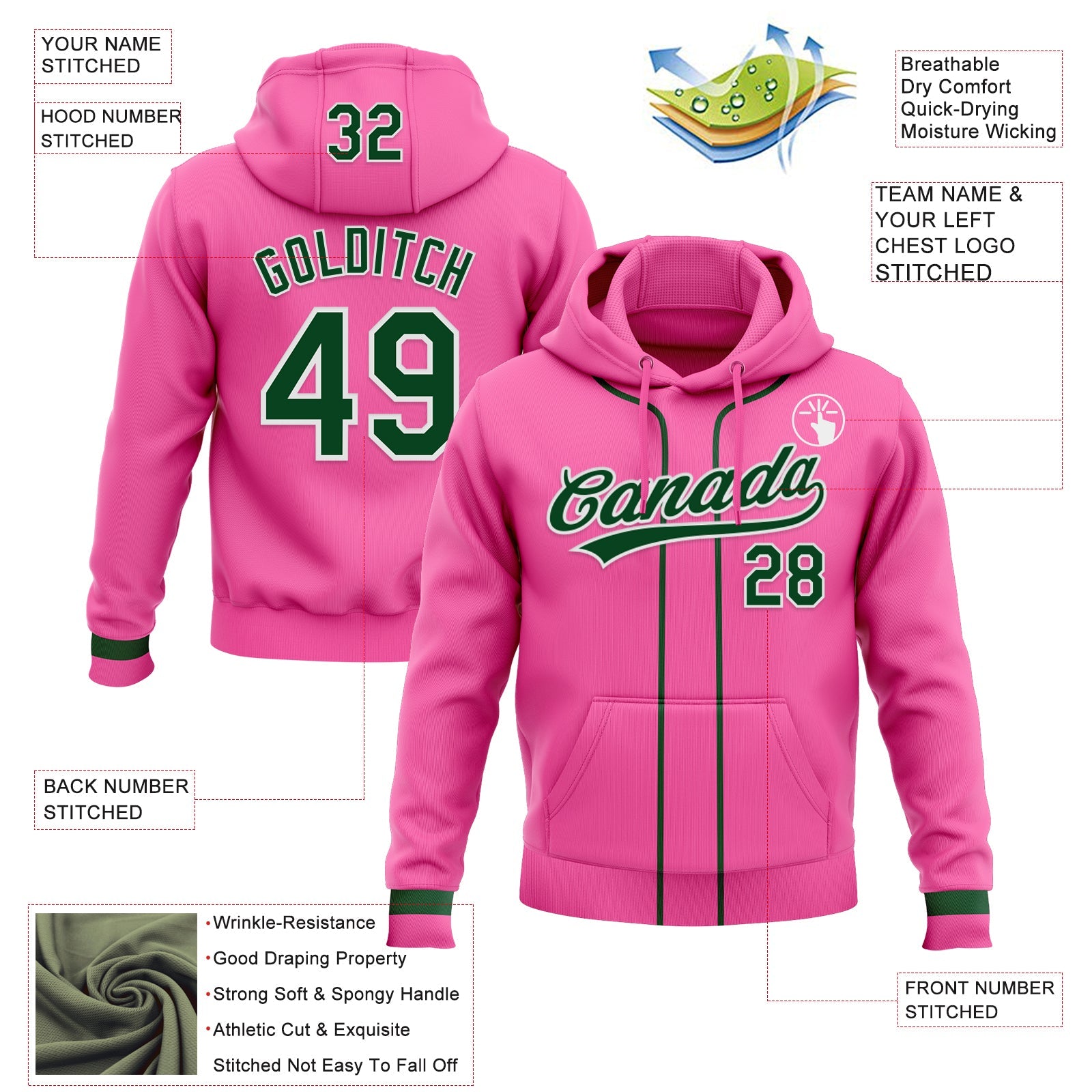 Custom Stitched Pink Green-White Baseball Pullover Sweatshirt Hoodie view 2