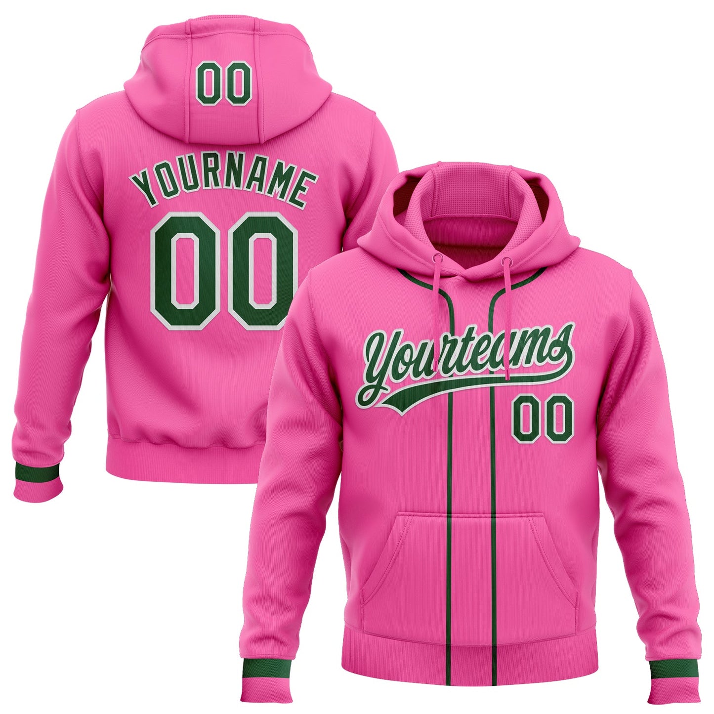 Custom Stitched Pink Green-White Baseball Pullover Sweatshirt Hoodie - Main View