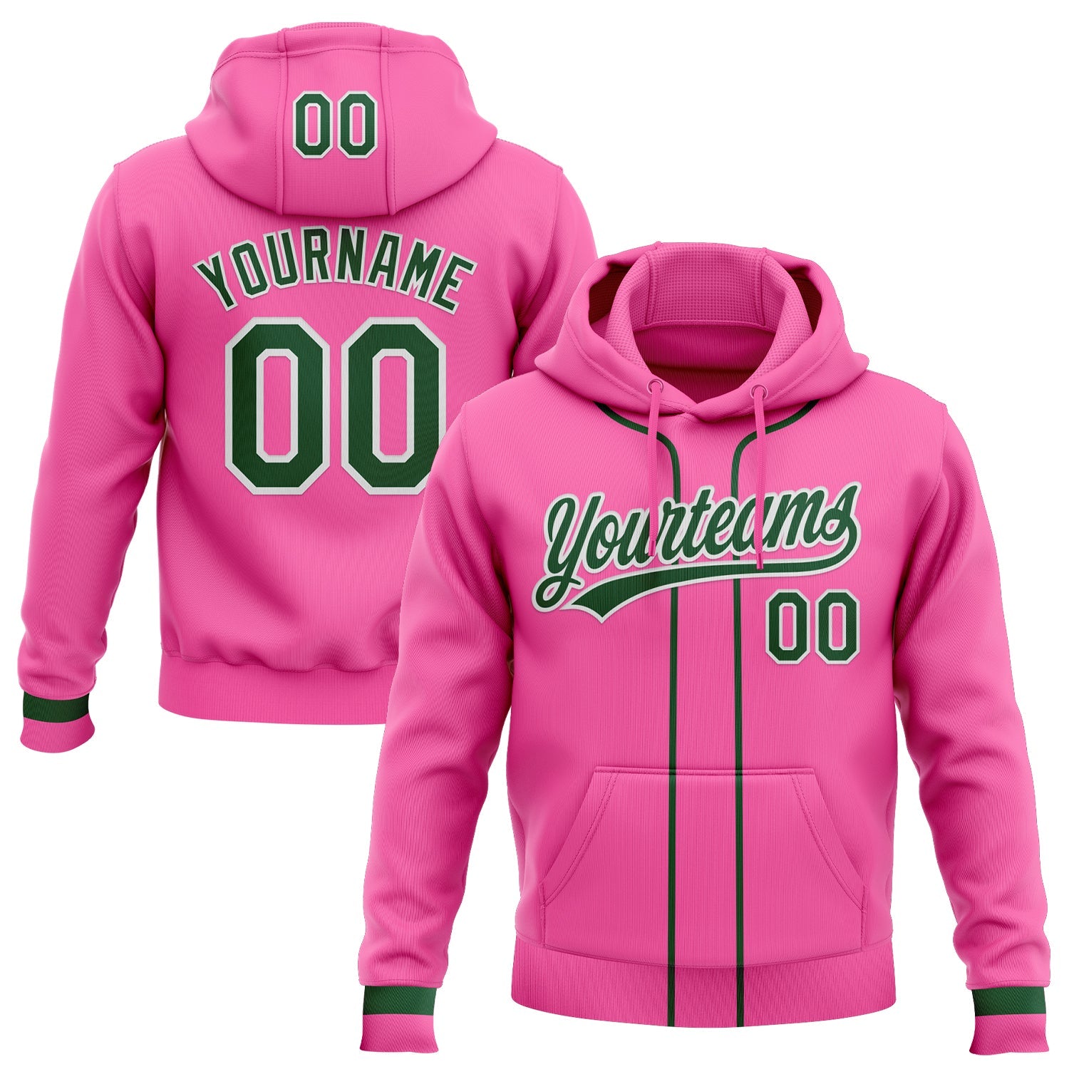 Custom Stitched Pink Green-White Baseball Pullover Sweatshirt Hoodie - Main View