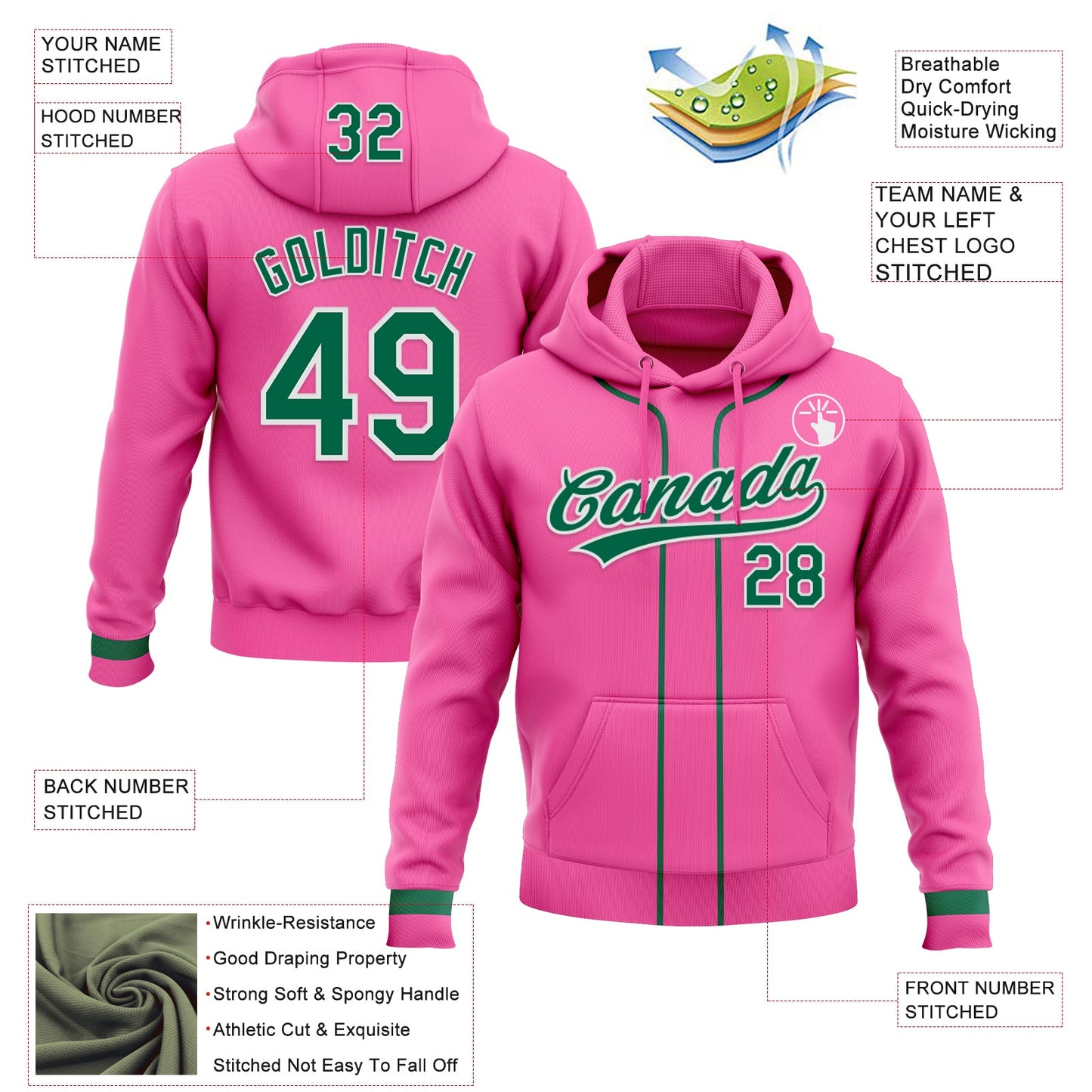 Custom Stitched Pink Kelly Green-White Baseball Pullover Sweatshirt Hoodie view 2