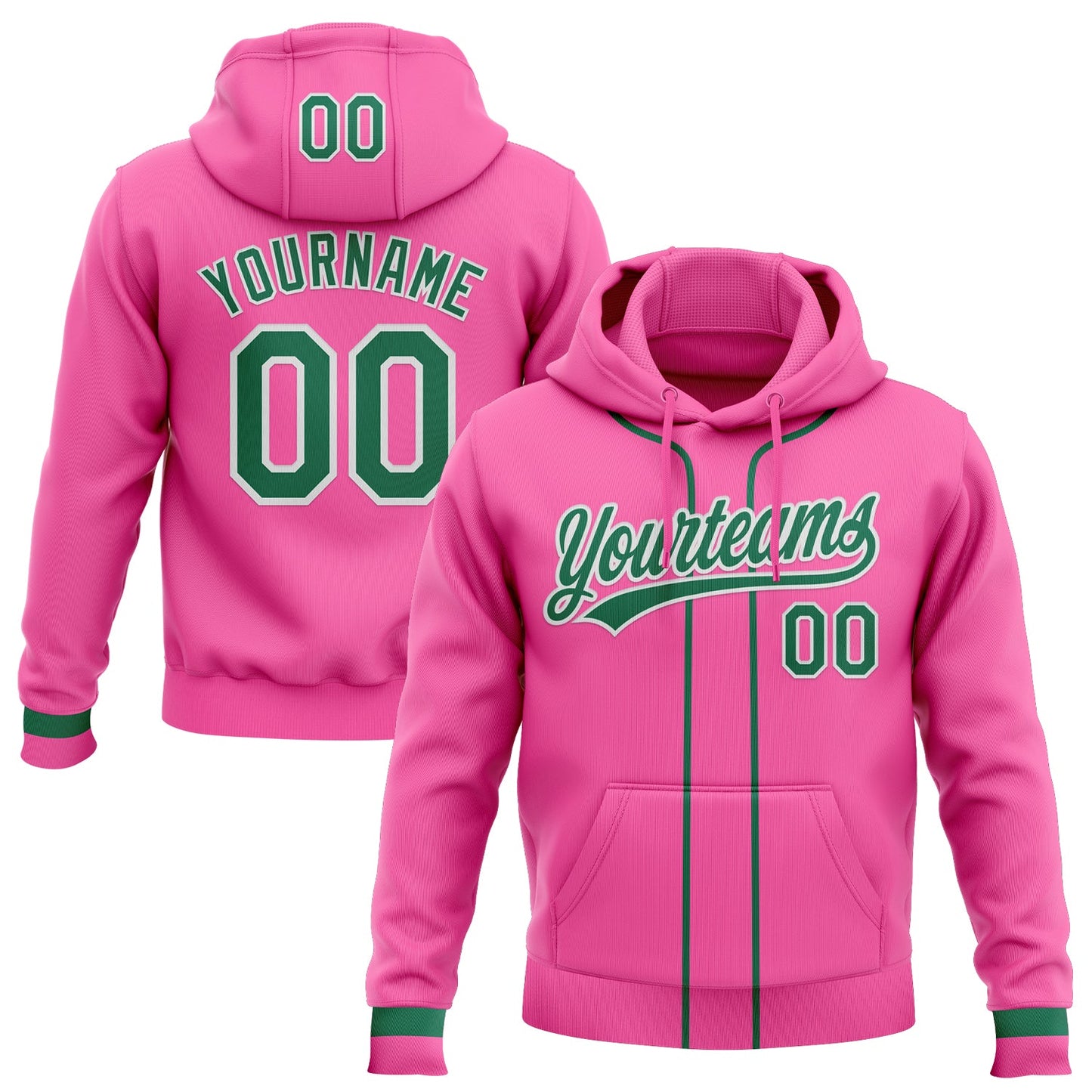 Custom Stitched Pink Kelly Green-White Baseball Pullover Sweatshirt Hoodie - Main View
