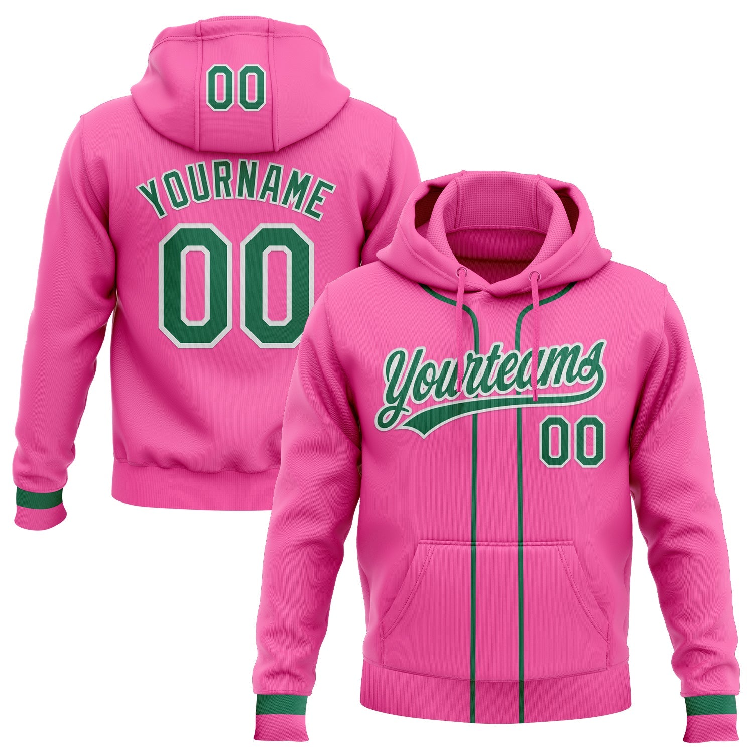Custom Stitched Pink Kelly Green-White Baseball Pullover Sweatshirt Hoodie - Main View