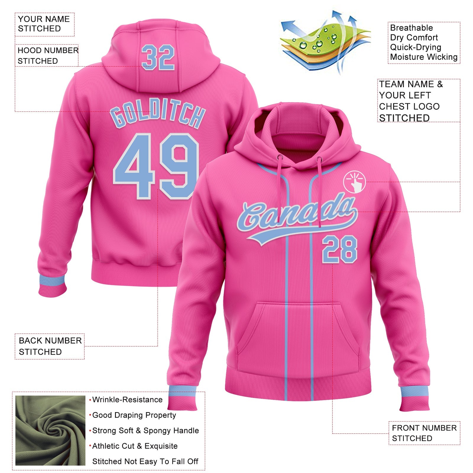 Custom Stitched Pink Light Blue-White Baseball Pullover Sweatshirt Hoodie view 2