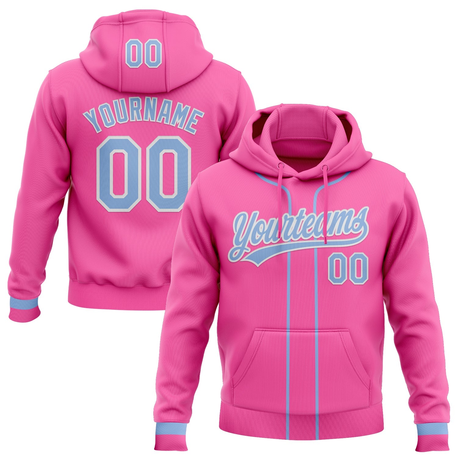 Custom Stitched Pink Light Blue-White Baseball Pullover Sweatshirt Hoodie - Main View