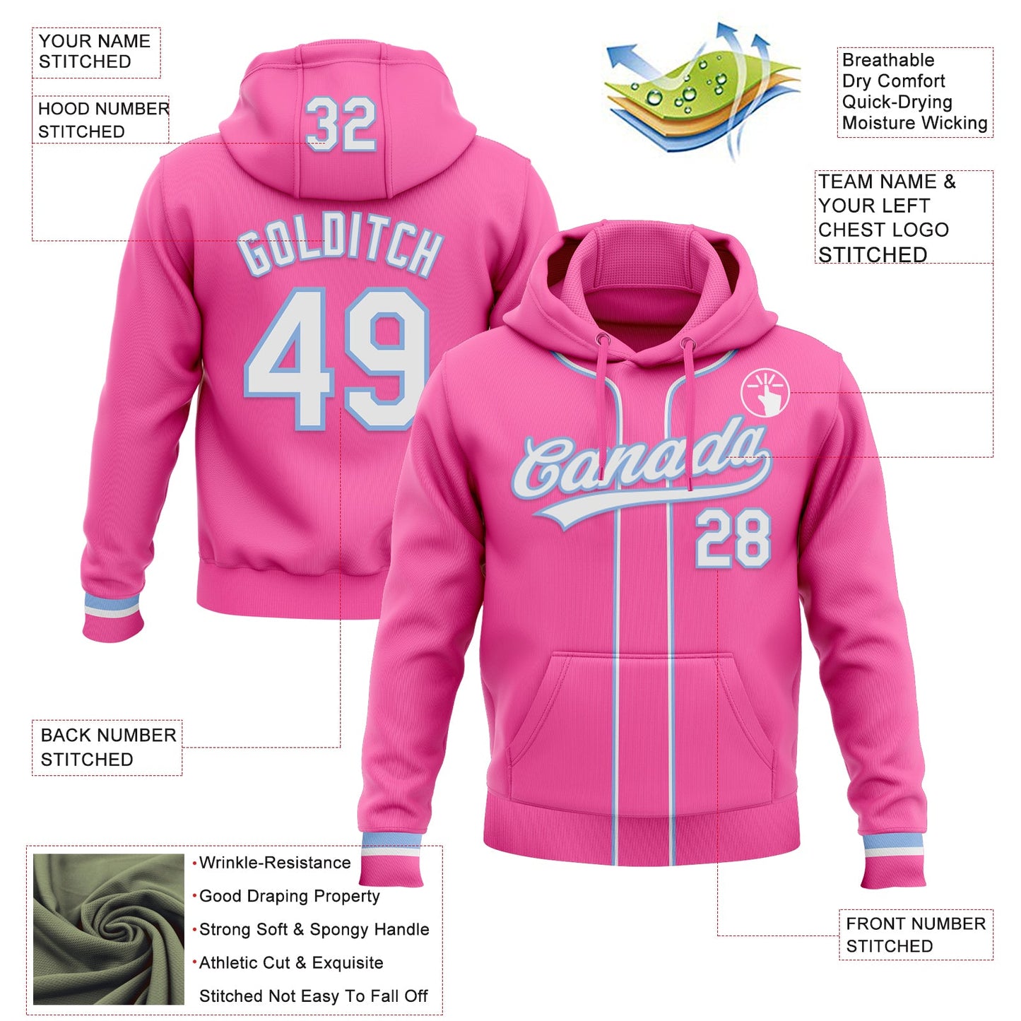Custom Stitched Pink White-Light Blue Baseball Pullover Sweatshirt Hoodie view 2