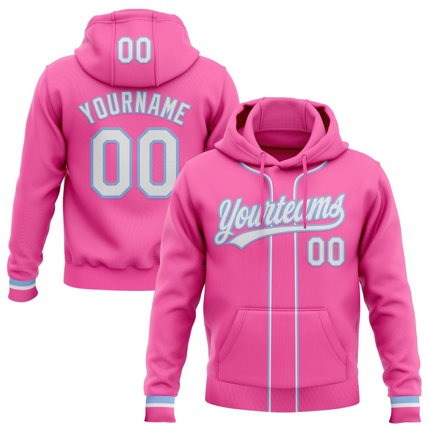 Custom Stitched Pink White-Light Blue Baseball Pullover Sweatshirt Hoodie - Main View