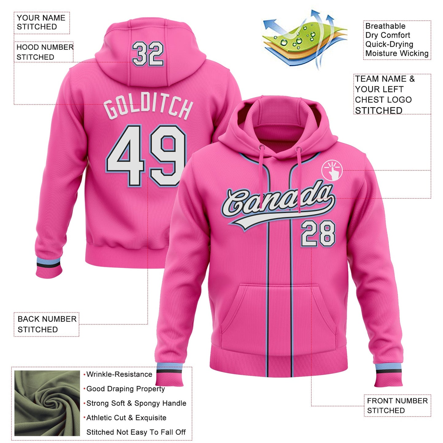 Custom Stitched Pink White Light Blue-Black Baseball Pullover Sweatshirt Hoodie view 2