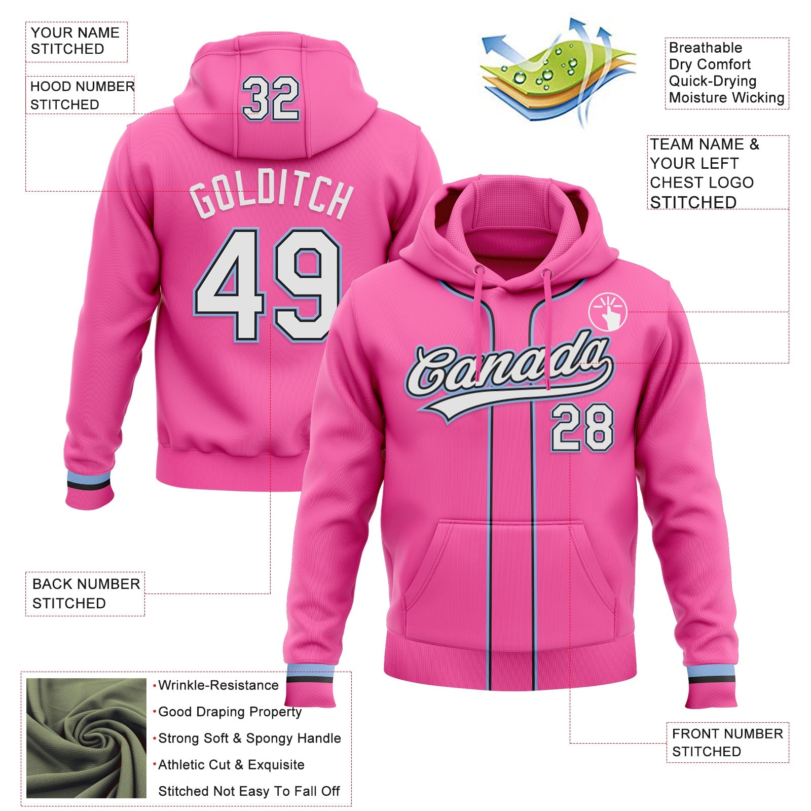 Custom Stitched Pink White Light Blue-Black Baseball Pullover Sweatshirt Hoodie view 2