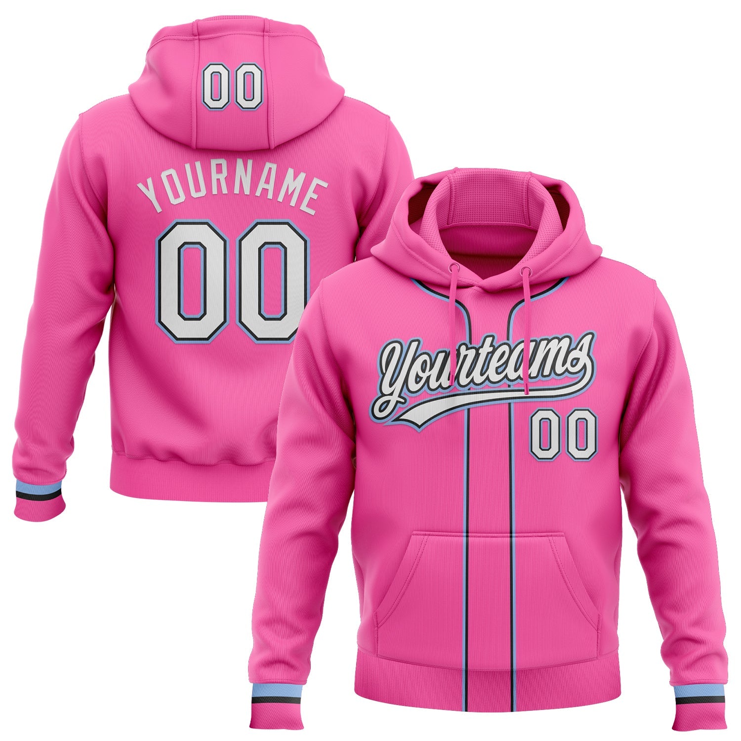 Custom Stitched Pink White Light Blue-Black Baseball Pullover Sweatshirt Hoodie - Main View