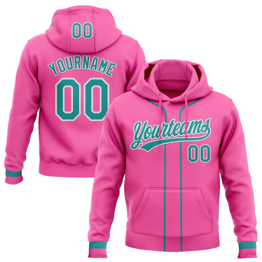 Custom Stitched Pink Teal-White Baseball Pullover Sweatshirt Hoodie - Main View