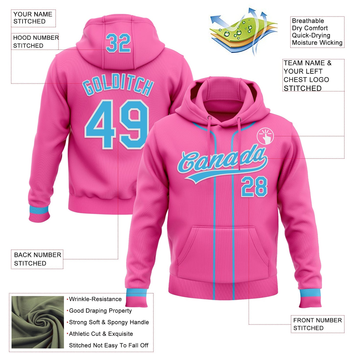 Custom Stitched Pink Sky Blue-White Baseball Pullover Sweatshirt Hoodie view 2