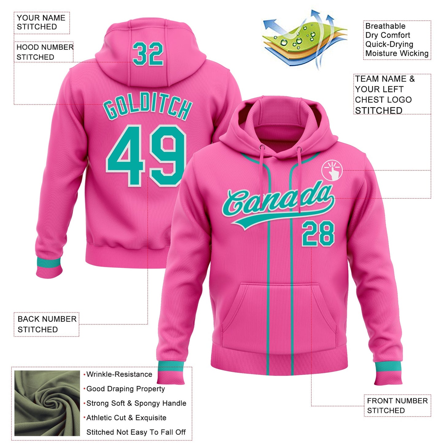 Custom Stitched Pink Aqua-White Baseball Pullover Sweatshirt Hoodie view 2
