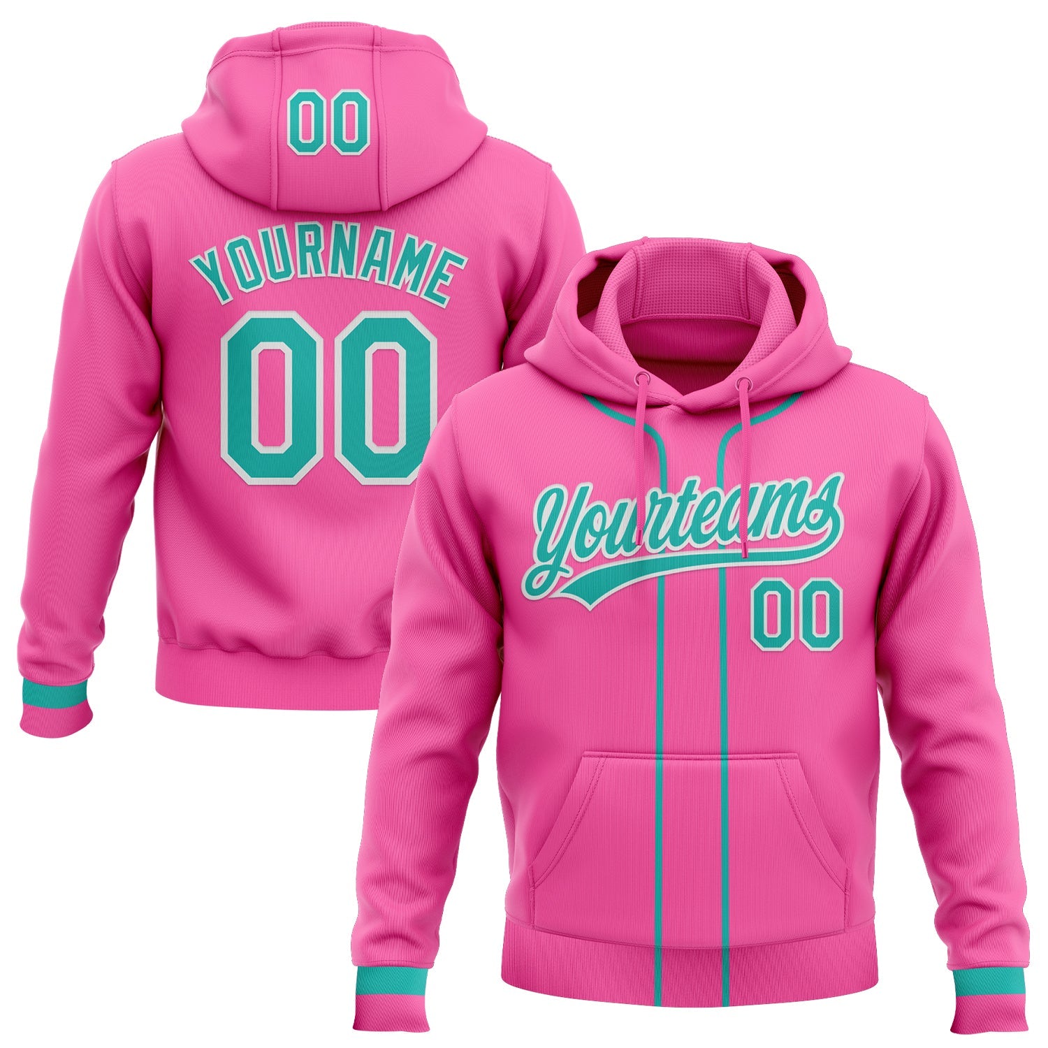 Custom Stitched Pink Aqua-White Baseball Pullover Sweatshirt Hoodie - Main View