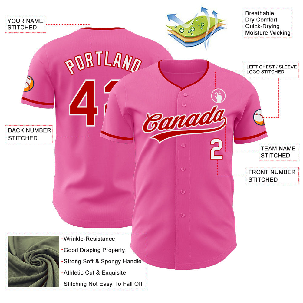 Custom Pink Red-White Authentic Baseball Jersey view 3