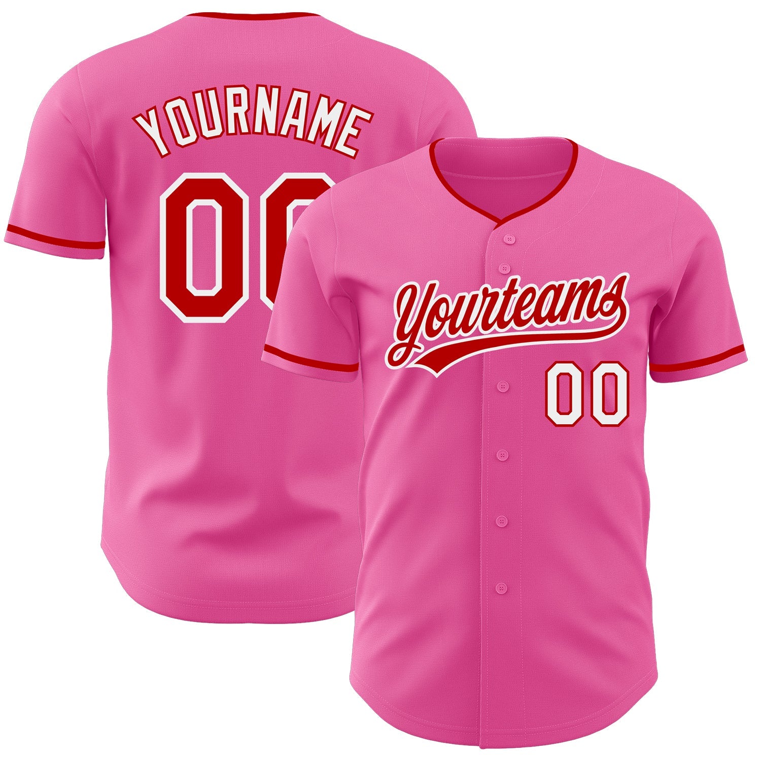Custom Pink Red-White Authentic Baseball Jersey - Main View