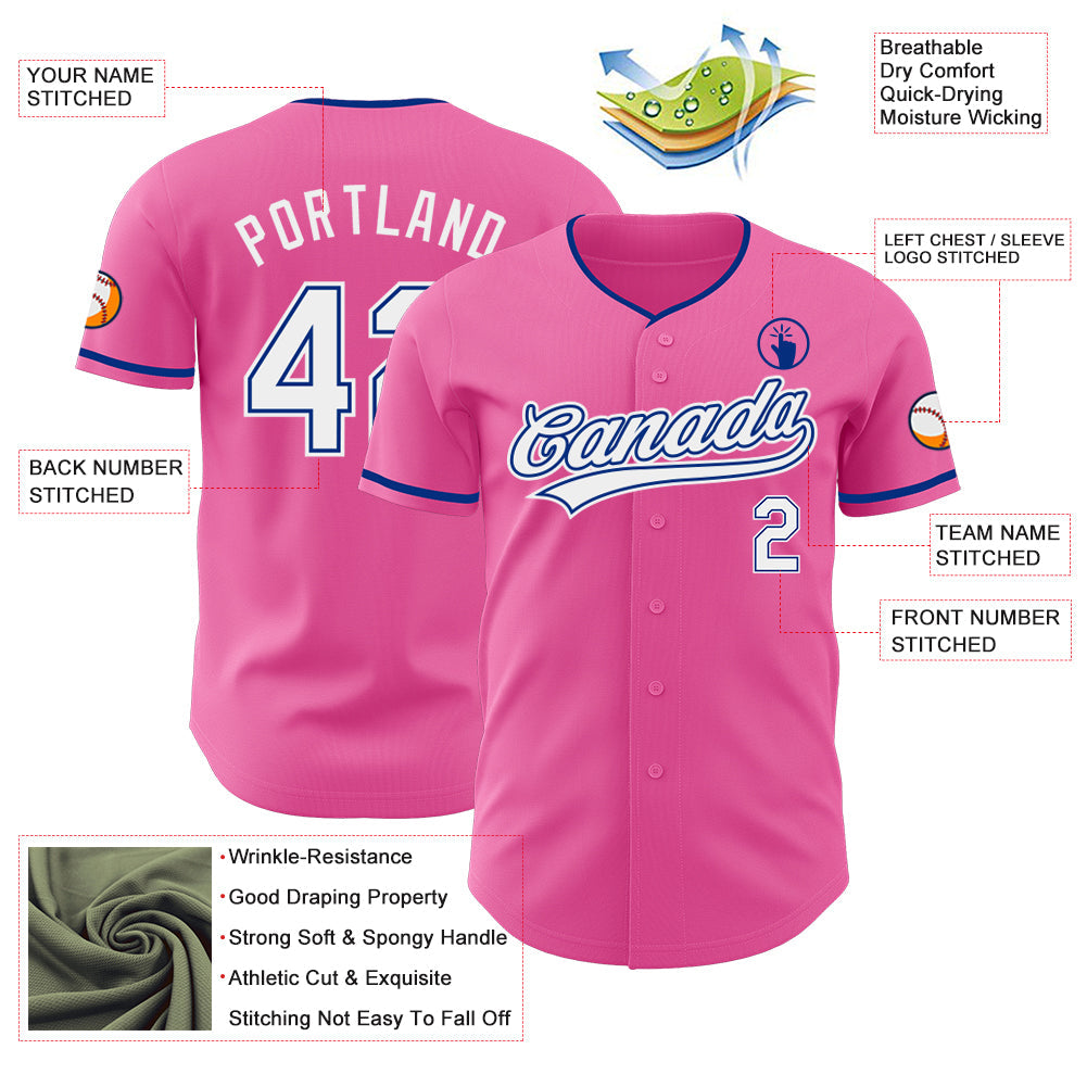 Custom Pink White-Royal Authentic Baseball Jersey view 3