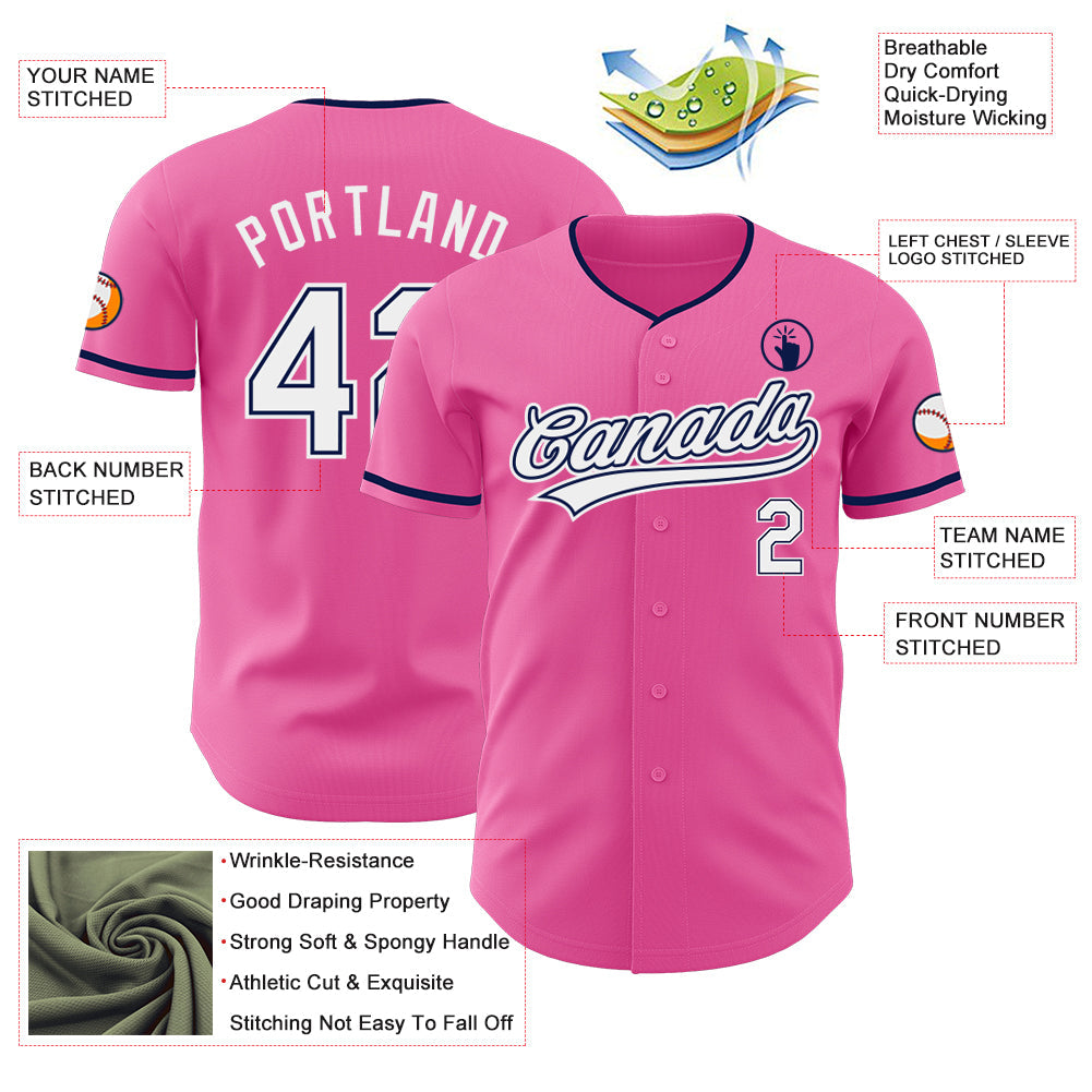 Custom Pink White-Navy Authentic Baseball Jersey view 3