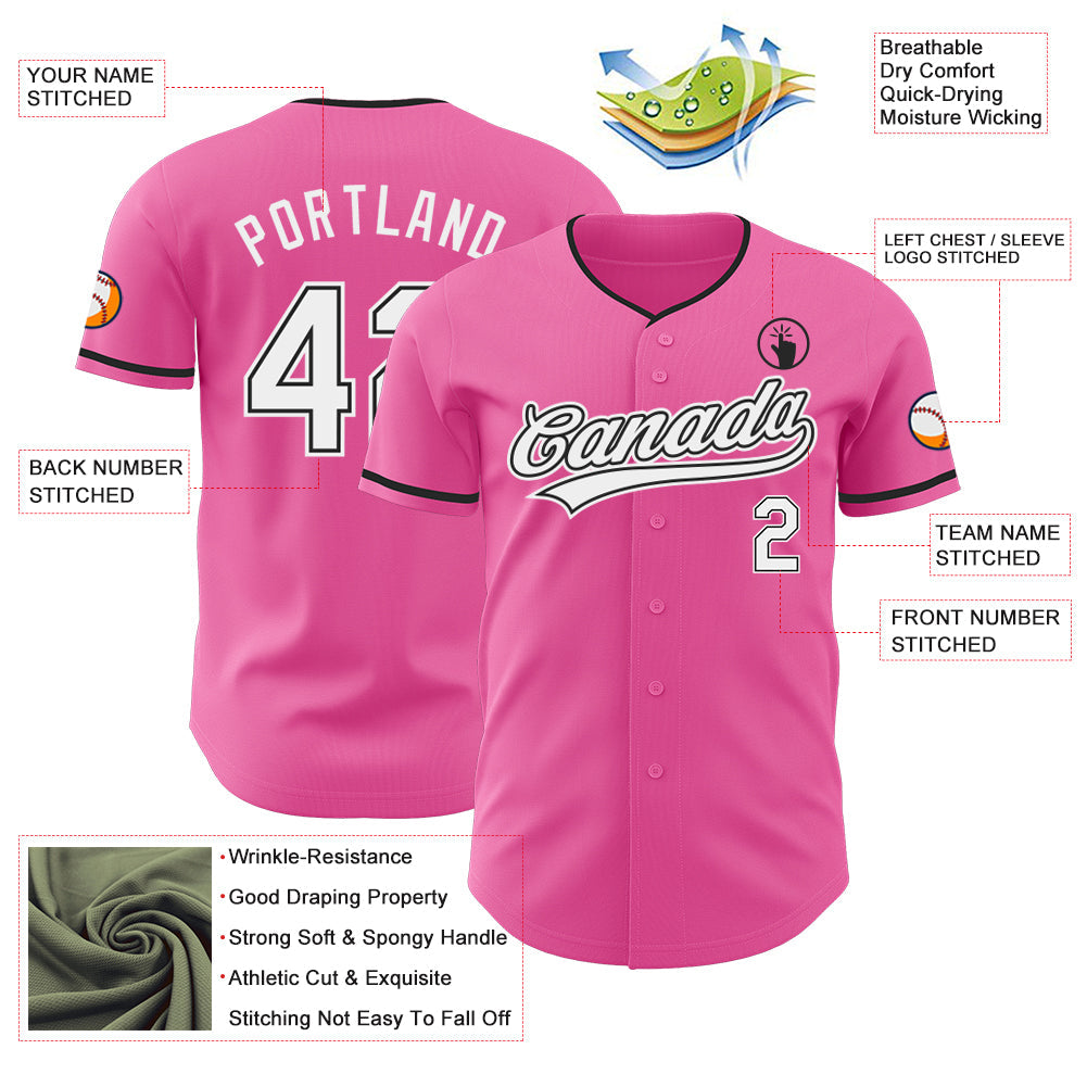 Custom Pink White-Black Authentic Baseball Jersey view 3